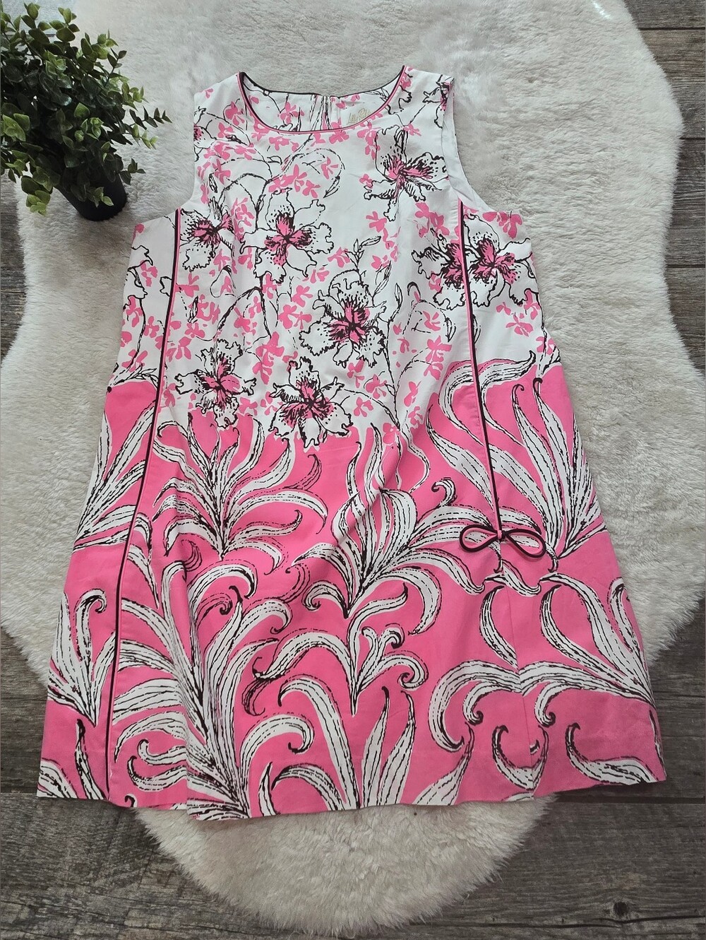 Lilly Pulitzer Ettie Stretch Pink White Brown Floral Sleeveless Shift Dress, 12